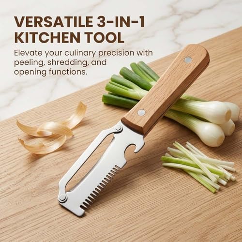 Multi-Functional Vegetable Peeler with Julienne Slicer & Bottle Opener, Stainless Steel Blade & Wooden Handle, Ergonomic Kitchen Tool for Peeling, Slicing & Shredding Fruits & Veggies (Style-A, 1PC)
