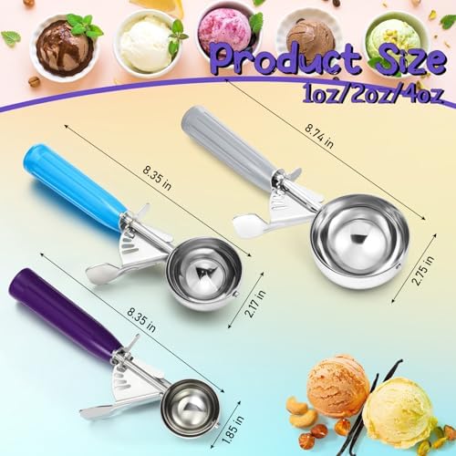 Reallnaive 3 Pcs Ice Cream Scooper with Trigger, 4+2+1 oz, 3 Colors
