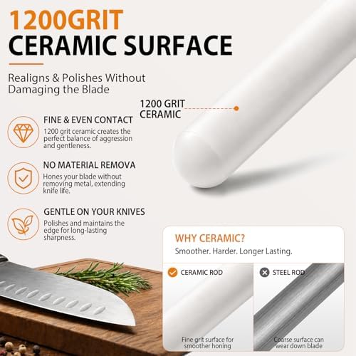 10-in Ceramic Honing Rod, 1200 Grit Knife Sharpener Rod for Kitchen Knives