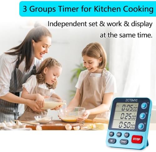 Dual Digital Timer for Kitchen Cooking, 3 Channels Count Down/Up Triple Timer for Kids, Presets Memort Large Display & Magnetic Back Adjustable Alarm Volume, Suit for Kids Teachers Studying, Blue