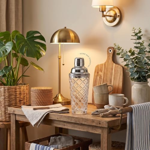 15oz Diamond-Cut Crystal Cocktail Shaker Clear Glass with Polished Stainless Steel Lid - Premium Bar Tool for Home Bartenders - Ideal for Cocktails, Mocktails, and More