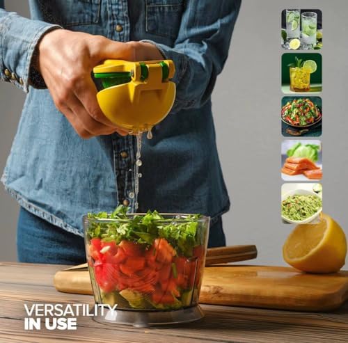 Lemon Squeezer Metal 2-In-1 Manual Citrus Juicer, Max Juice Extraction, Gets Every Last Drop, Easy to Clean, Durable Aluminum Hand Press for Lemon & Lime, Yellow, JBK