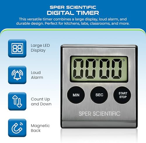 Sper Scientific Stainless Steel Digital Lab + Kitchen Timer 810028A – Compact Design Timer with Large Display & Loud Alarm - for Cooking, Baking, Labs, Workouts & More