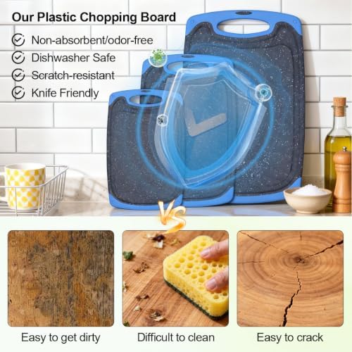 Viretang Non Slip Cutting Board Set For Kitchen, 3 Pieces, Dishwasher Safe