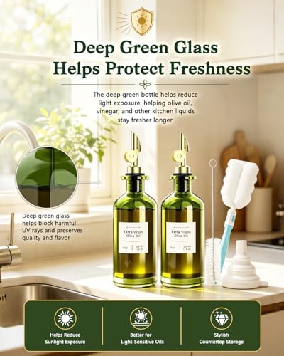 COOLMI Olive Oil Dispenser Set of 2, Dark Green Glass Bottles, 12 oz