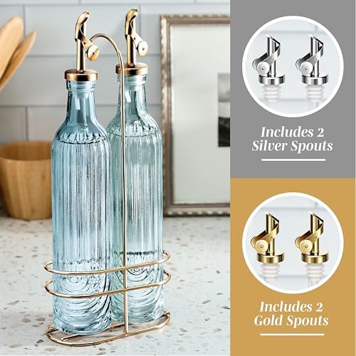 COOK WITH COLOR Glass Olive Oil Bottle Dispenser - 2 Pack- 17oz Oil and Vinegar Cruet - Olive Oil Carafe Decanter for Kitchen, Elegant Fluted, Blue