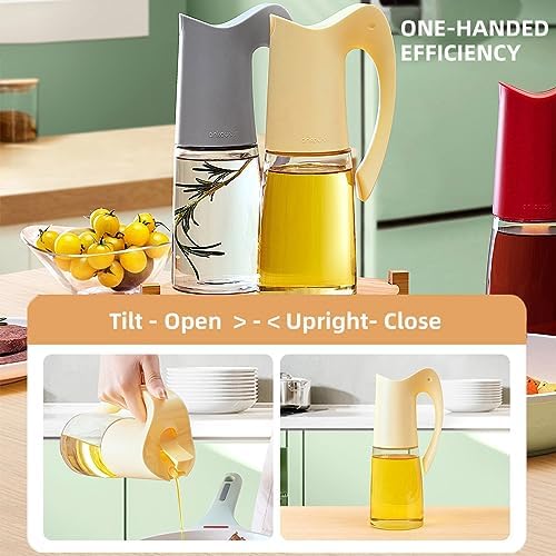 Ankou Olive Oil Dispenser Bottle-20oz 580ml Auto Flip Lid Glass Oil Bottle, Vinegar Condiment Storage Container with Scale, High Borosilicate Glass, Non-Drip Spout, Leakproof, for Kitchen Cooking