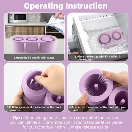 Fu Store Ice Cube Tray for Tumbler Cup 30-40 oz Tumbler 3pcs Silicone Ice Cube Molds With Lid and Bin for Chilling Cocktails Whiskey Drinks Juice Coffee Easy Fill and Release Ice Maker (Purple，40 oz)