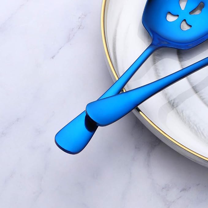 Meisha Serving Spoons Set, 3 Serving Spoons and 3 Slotted Serving Spoons, Blue Stainless Steel Serving Utensils for Buffet Can Banquet Cooking Kitchen - Mirror Polished
