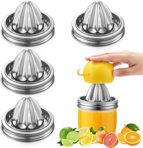 LemonRoad 4 Pcs Stainless Steel Mason Jar Juicer Lid Manual Juicer Squeezer for 3.39 Inch Wide Mouth Mason Jar Citrus Reamer for Lemons Limes Oranges Juicing Accessories