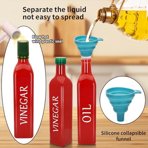 Olive Oil Dispenser Bottle,2 Pcs 17oz 500ml Glass O il and Vinegar Dispenser Set with 2 Stainless Steel Pourers, 8 Labels,Funnel Vinegar Bottles for Kitchen (Red)