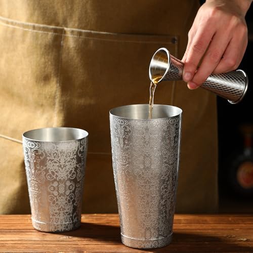 Stainless Steel Boston Shaker with Etched Pattern Weighted Shaking Tin Set (Spirit Vintage)