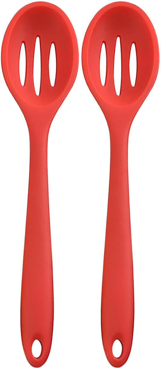 Linwnil 4 Pieces Silicone Slotted Spoons,10.6 Inch Nonstick Mixing Serving Spoons for Kitchen Cooking Bake Stir Draining Tool (2, Red)