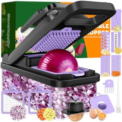 12-in-1 Vegetable Chopper 7 Blades, Veggie Cutter with Handle, Black/Purple