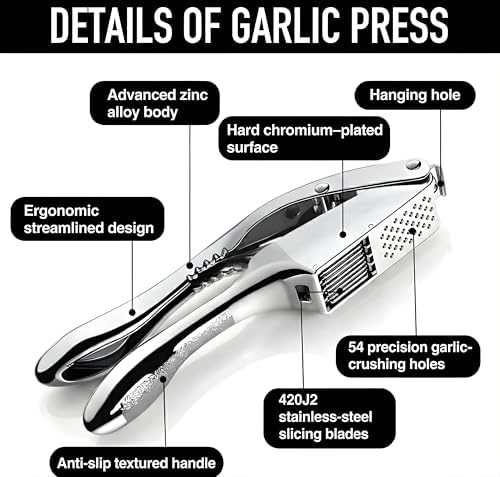Garlic Press Stainless Steel - 3-in-1 Heavy Duty Garlic Press and Slicer, Professional Garlic Mincer Tool & Garlic Crusher with Ergonomic Handle, Dishwasher Safe Garlic Presser Set