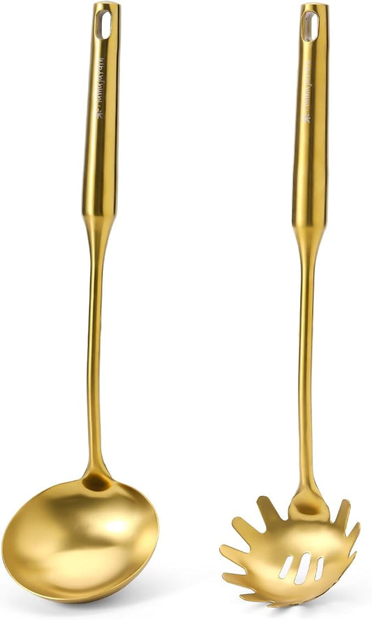 Gold Soup Ladle and Spaghetti Spoon Set - 18/10 Stainless Steel Soup Spoon，Pasta Strainer, 13.8" Kitchen Utensils for Cooking，Stirring, Serving Pasta, Soup & Sauce, Perfect Gifts