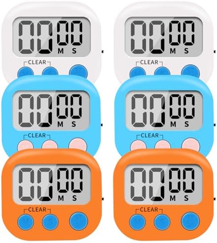 6 Pack Small Digital Kitchen Timer Magnetic Back and ON/Off Switch,Minute Second Count Up Countdown (Multicolored)