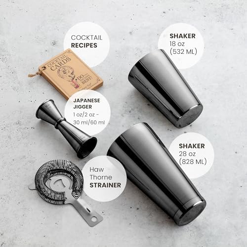 Mixology & Craft Boston Shaker Set with Weighted Martini Shakers | Cocktail Shaker Set Includes Strainer and Japanese Jigger | Great Gift Bar Set with Exclusive Recipe Cards | Leak-Proof (Gun-Metal)