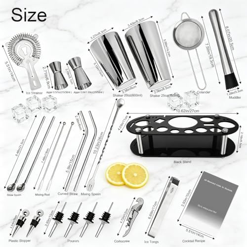 22-Piece Cocktail Shaker Set, 25/20oz Bartender Kit, Bartending Stainless Steel Bar Tools Sets for Drink Mixing, Boston Cocktail Shakers with Stand Recipes Booklet (Siver 25-20oz)
