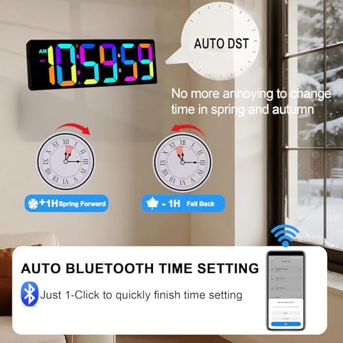 TXL 17.2" Bluetooth Digital Wall Clock with Seconds, Large Countdown Timer for Classroom Home Gym Kitchen Office, Alarm Clock with Remote Control, 4 Dimmable Brightness, Auto DST (RGB)