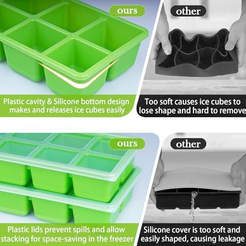 Large Ice Cube Trays 2 Pack, Silicone Easy-Release and Flexible Ice Cube Molds with Lids,1.8" Big Square Cubed Ice Trays for Whiskey and Cocktail, BPA Free and Dishwasher Safe (Green)