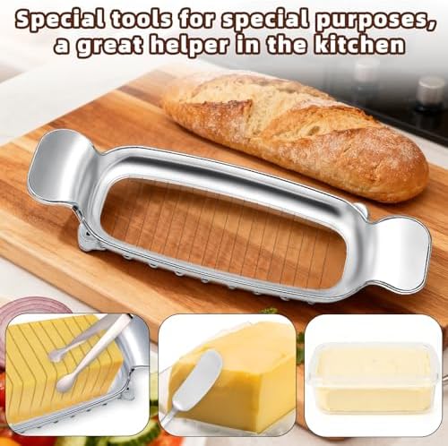 lasuroa 4pcs Butter Slicer Cutter Set with Storage Box, Stainless Steel Knife Spreader, Wire Cheese Slicer and Serving Tongs Kitchen Food Tool for Block Cheese and Butter