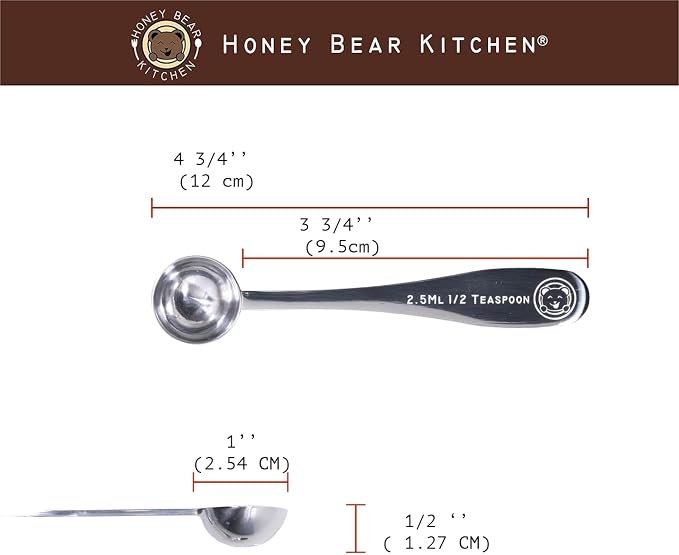 Honey Bear Kitchen 2.5 ml 1/2 Teaspoon Measuring Scoop Spoons, Polished Stainless Steel, Set of 2