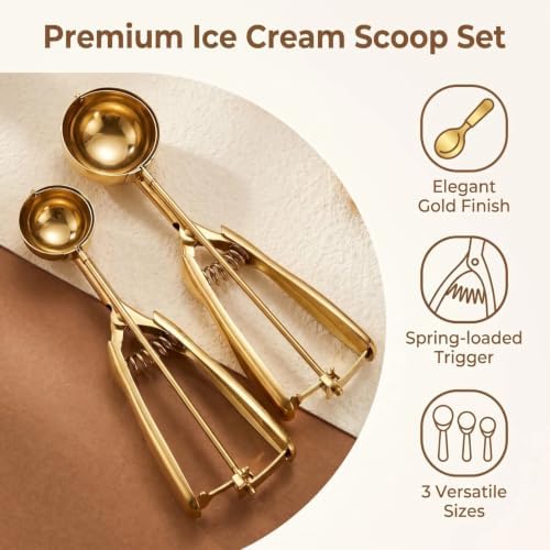 Gold Ice cream spoon,cookie Scoop Set,Stainless steel ice cream scoop with trigger release,3 Sizes (L size)