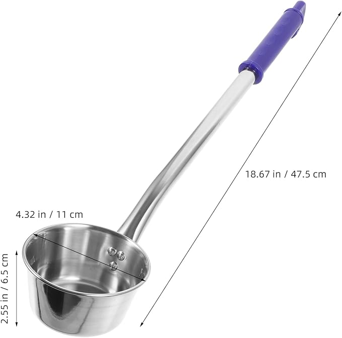 MAGICLULU 15 Inch Long Handle Water Scoop, Stainless Steel Metal Ladle with Blue Grip for Kitchen Cooking, Deep Pot Soup Spoon, Versatile Canning Dipper, Hangable Home Garden Cooking Utensil