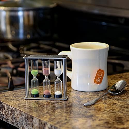 Lily's Home 3.75" Tall 3-in-1 Perfect Tea Timer, Includes 3, 4, and 5 Minute Sand Hourglass Timers, Use for Making Tea or Keeping Time Around The Kitchen, Brushed Stainless Steel Frame