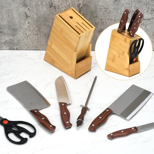 Wood Kitchen Knife Block, 6 Slots Universal Knife Storage Organizer
