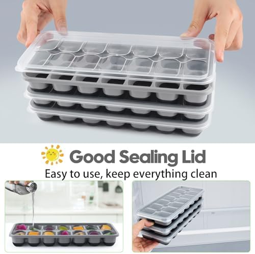 Silicone Ice Cube Tray, 8 Pack Easy-Release & Flexible 14-Ice Cube Trays with Spill-Resistant Removable Lid, Stackable Ice Trays with Covers for Freezer, Cocktail (4 Black+ 4 Grey)