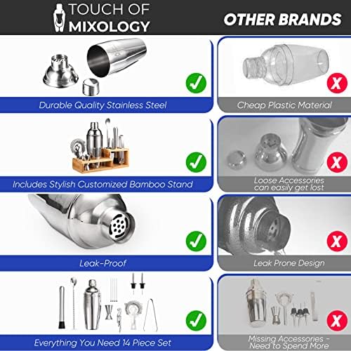 14PC Bartender Kit - Silver Cocktail Shaker Set - All Barware Essentials for Drink Mixing Includes Stand, Martini Shaker, Jigger, Strainer, Mixer Spoon, Muddler, Liquor Pourers, Touch of Mixology
