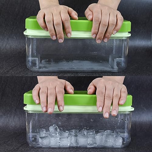 Ice Trays for Freezer with Lid & Bin, Ice Cube Tray Making 64 pcs Ice Cubes, Easy Press to Release Ice, Ice Tray with Storage Bin Chilling Cocktail Whiskey Coffee 2 Trays 1 Ice Bucket & Scoop (Green)