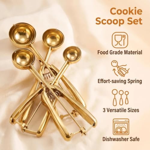 Gold Ice cream spoon,3Pcs Cookie Scoop Set,Stainless steel ice cream scoop with trigger release,Tablespoons,dough scoop,3 Sizes (S/M/L)