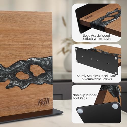 FINDKING Magnetic Knife Block, Double-Sided Knife Holder with Strong Magnets, Acacia Wood and Black White Resin, Countertop Kitchen Knife Storage Stand (12 × 10 Inches, Without Knives)