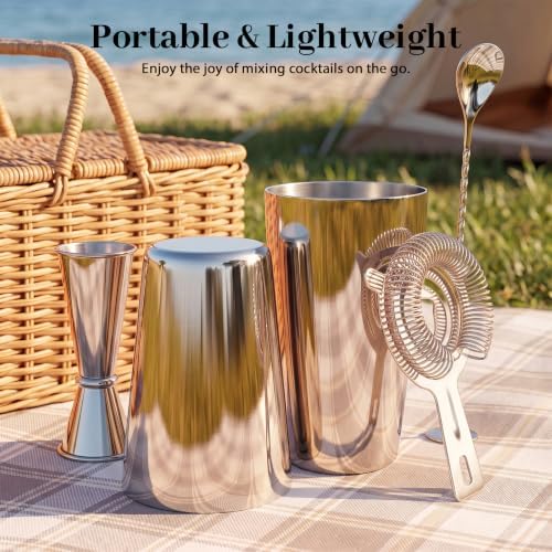 Boston Cocktail Shaker Set, 18 oz & 28 oz 2-Piece Tins, 304 Stainless Steel Bartender Kit 5-Piece Bar Tool Set with Recipe Book, Perfect for Novices & Pros, Home and Bar Use (Silver)