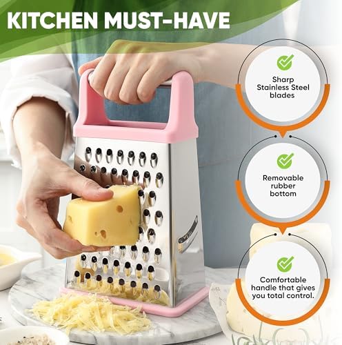 Spring Chef Stainless Steel Swivel Peeler & 4 Sided Handheld Box Grater, XL Size - 2 Product Bundle - Pink Lemonade