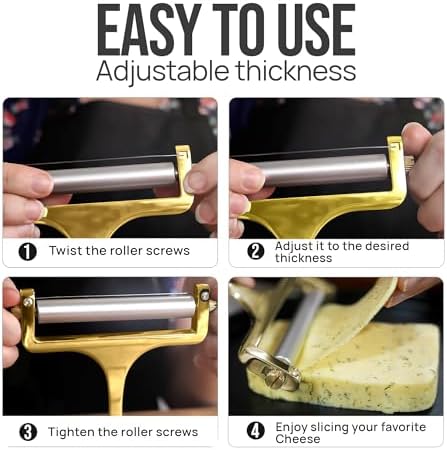 Zulay Kitchen Cheese Slicer With Adjustable Thickness – Heavy Duty Block Slicer with 2 Extra Wires – Ideal for Mozzarella, Cheddar, Gouda - Gold
