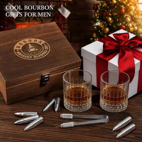 Whiskey Gifts for Men – Whiskey Glasses Set with 6 Stainless Steel Bullet Whiskey Stones, 2 Old Fashioned Glasses, Wooden Bourbon Gift Box, Premium Barware Gift Set