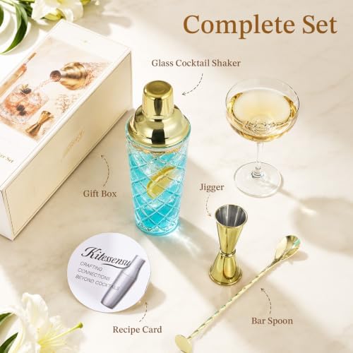 Kitessensu 14oz Glass Cocktail Shaker Set, Champagne Gold, Leak Proof