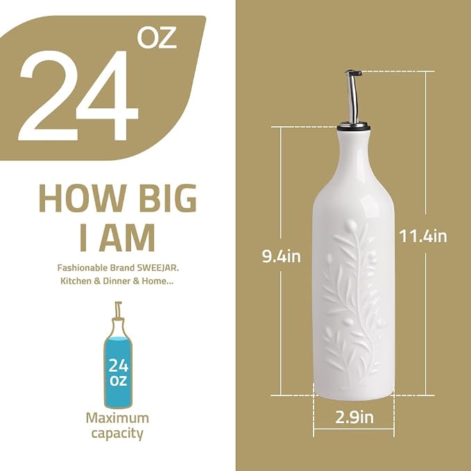 Sweejar Large Olive Oil Dispenser Bottle with Spout, 24 Oz Ceramic Oil Dispenser for Kitchen, Relief Opaque Oil Cruet, Oil Container for Cooking, EVOO, Avocado Oil, Vinegar, Pack of 1(Gray)