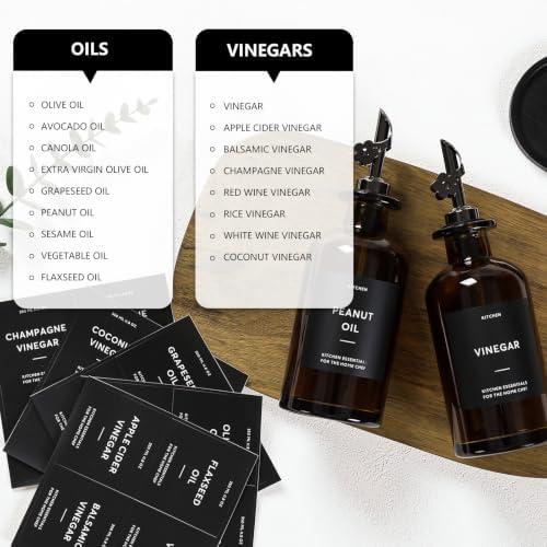 Olive Oil Dispenser for Kitchen, 2-Pack 12oz Glass Bottle with Black Labels