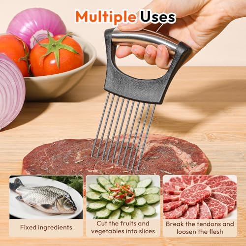Upgraded Onion Holder for Slicing, Stainless Steel Lemon Slicer Onion Cutter for Slicing, Vegetable Cutter for Potato and Tomato Avocados Eggs Meat Kitchen Chopper Slicings Assistant Tool (3 Pack)