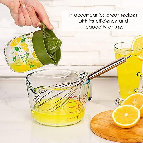 Crystalia Manuel Citrus Juicer with Glass Storage Jar, All Fruit Squeezer for Lemon Orange Lime Grapefruit Juice, Handheld Juice Press Extractor with Handle, Pour Spout and Glass Storage (Green)