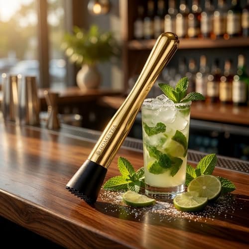 Homestia 10 Inch Muddler for Cocktails, Cocktail Muddler for Lemonade, Gold