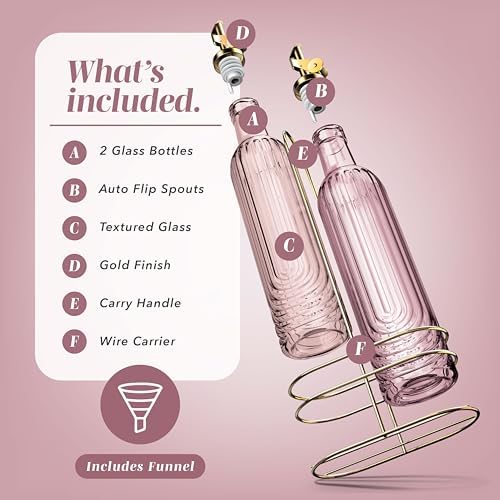 COOK WITH COLOR Glass Olive Oil Bottle Dispenser - 2 Pack- 17oz Oil and Vinegar Cruet - Olive Oil Carafe Decanter for Kitchen, Elegant Fluted, Pink