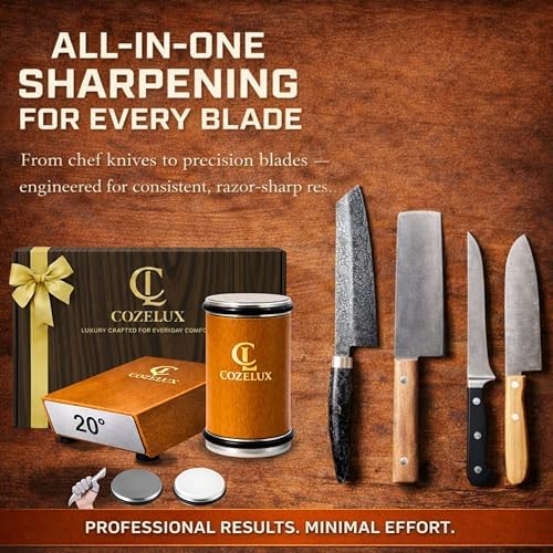 Rolling Knife Sharpener Kit - 400 & 3000 Grit Diamond & Ceramic Discs, 15° & 20° Magnetic Angle Guide knife sharpening kit with Leather Strop