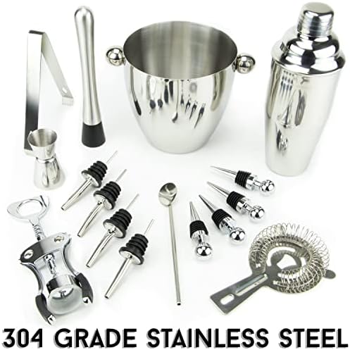Home Bartender Kit, 16-piece Bar Set - Cocktail Mixing Tools and Martini Drink Shaker Set - Stainless-Steel Barware + Bar Cart Accessories – 24 oz. Shaker, Jigger, Corkscrew, Muddler Strainer + More