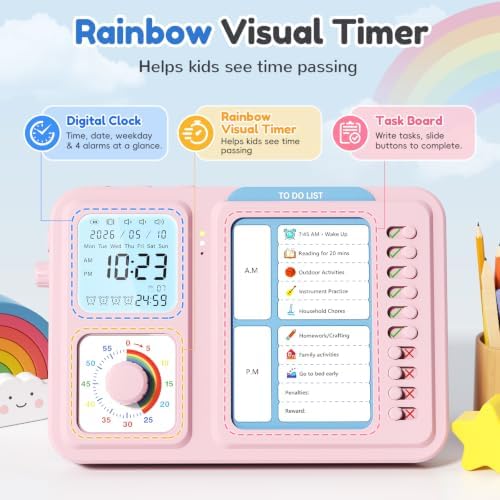 3-in-1 Visual Timer for Kids, Chore Chart for Kids, Visual Schedule（Pink）